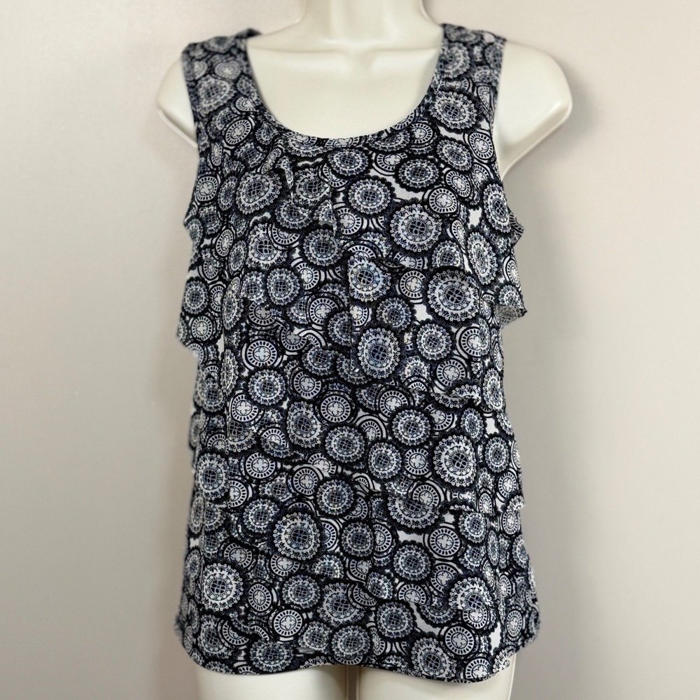 Roz & Ali Tank Top Women Petite M Black White‎ Medallion Print Tiered Ruffle